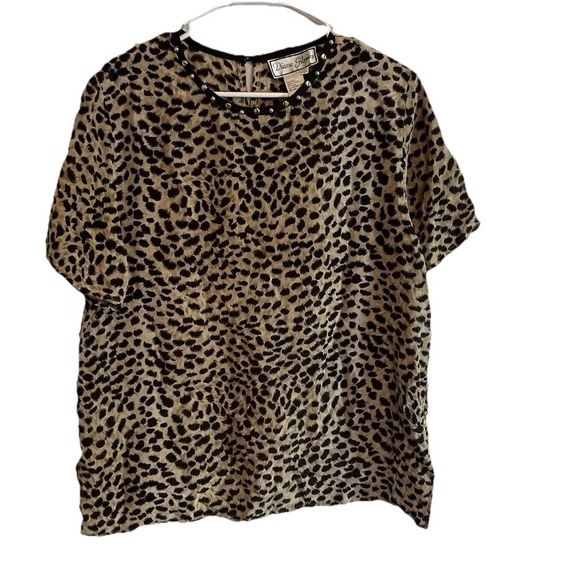 Diane Gilman Tops - Diane Gilman - 100% Silk - Cheetah Print Short Sleeve Blouse Studded - Size L